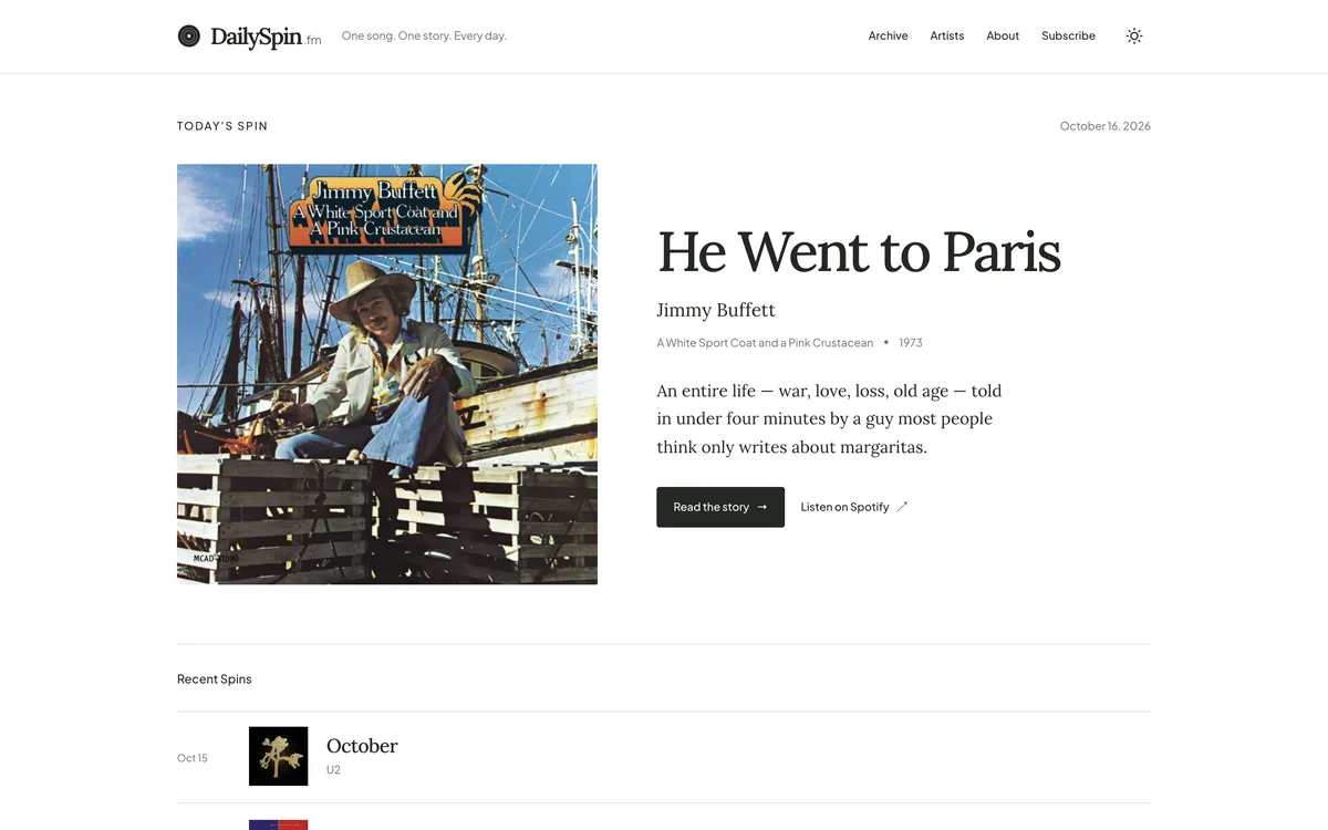 The DailySpin home page with today’s song