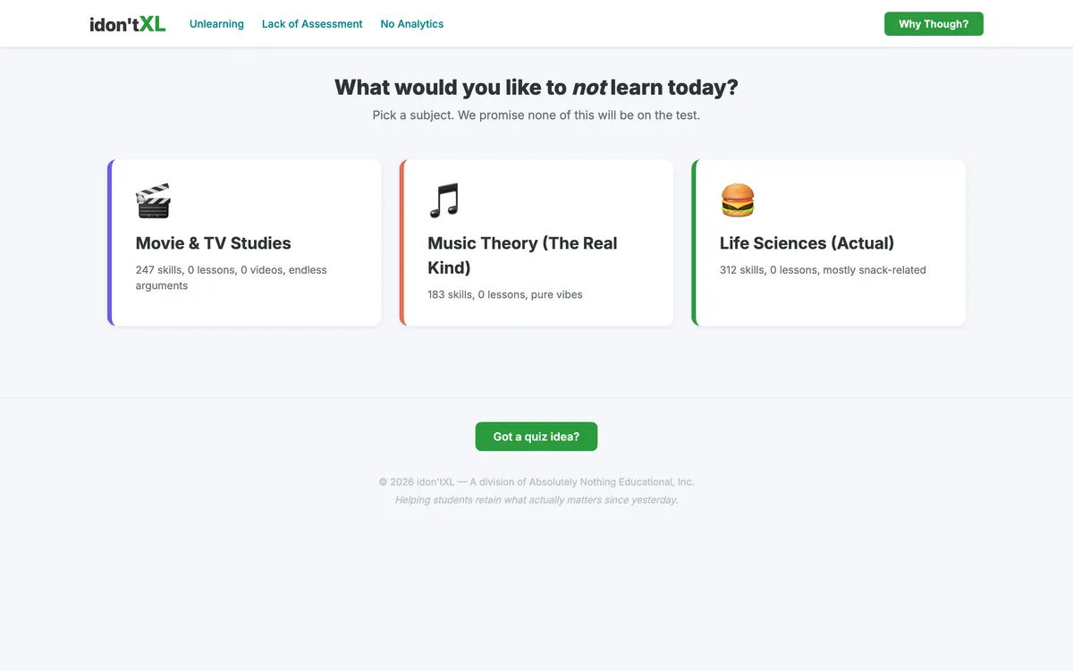The IDontXL home page with subject cards