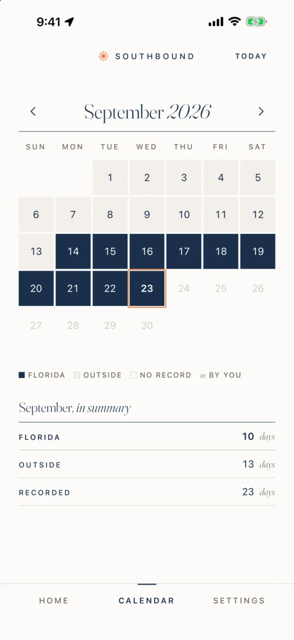 Southbound 2.0 calendar for September 2026, with Florida and outside days marked