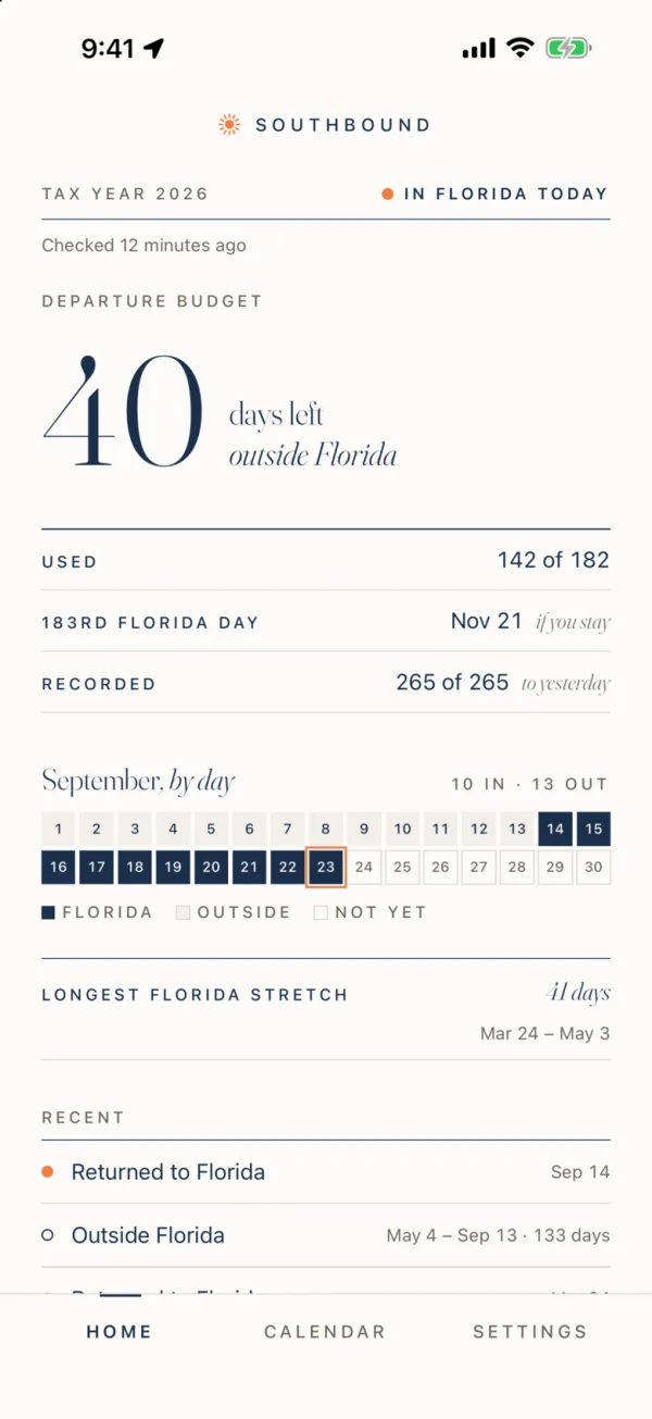 Southbound 2.0 Home: 40 days left outside Florida this tax year